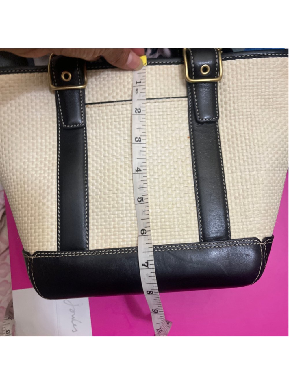 Coach Straw & Leather Tote Bag Beige Black small size - Picture 10 of 13